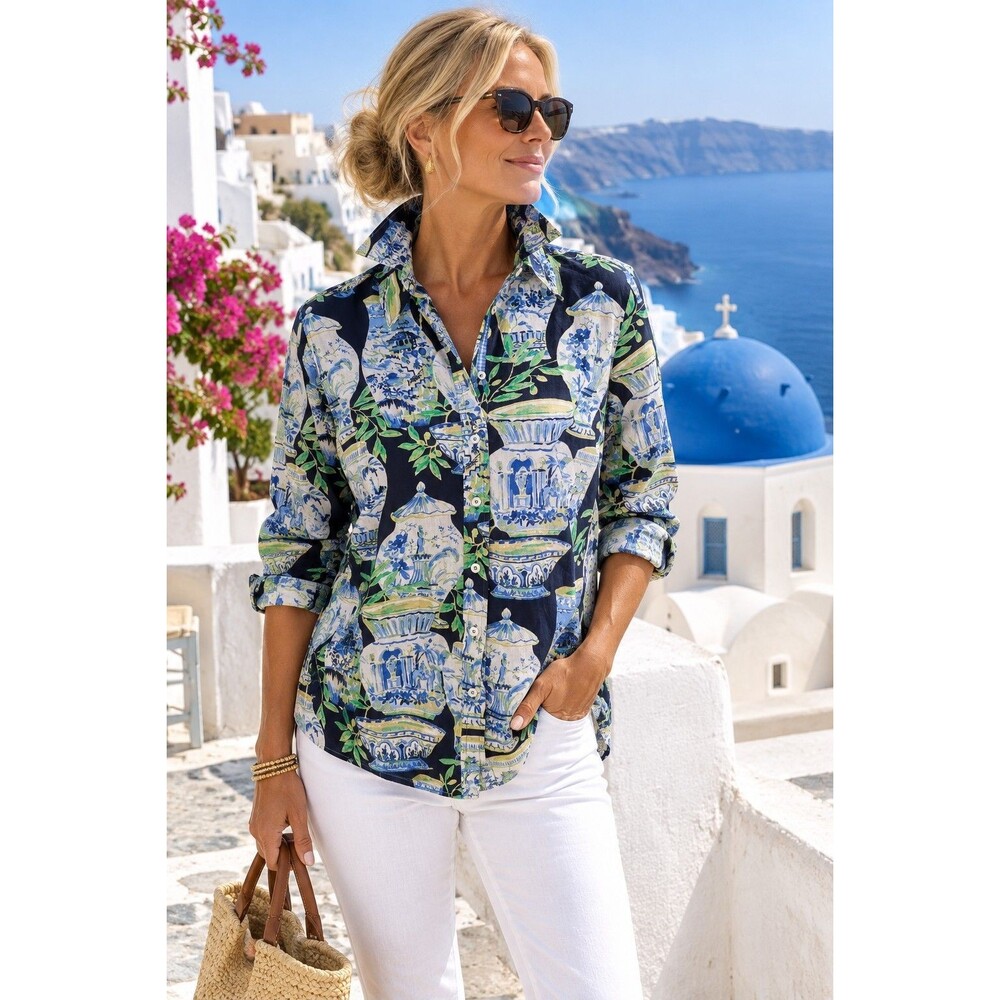 Talbots Shirt Women's S Cotton Long Slv Button Up Blue Green Chinoiserie Resort